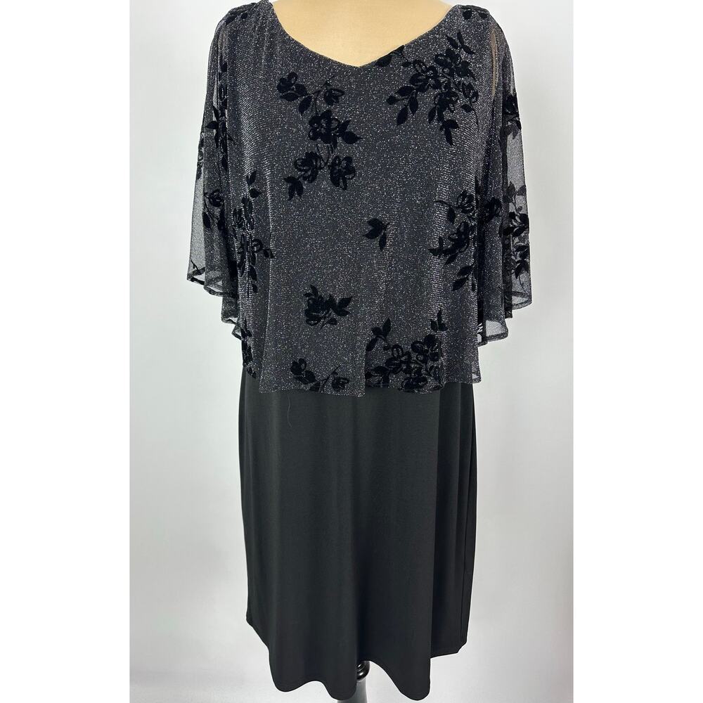 JM Studio Size 12 Black Dress Drape Shimmer Glitter Velvet Floral Cocktail XMAS